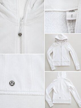 Lululemon Scuba Full Zip Hoodie White Size 6 Thumbholes Zip Pockets